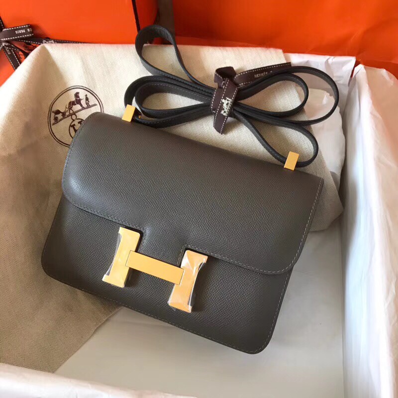 Hermes Constance 24cm Shoulder Bag In Dark Grey Epsom Leather